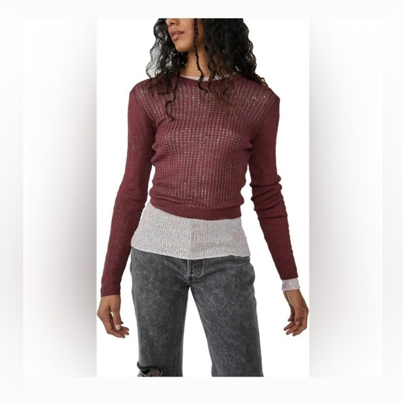 Free People H20 Crew Pullover Raw Viscose Woman Garnet Knit Top Londsleeves L - Picture 2 of 10